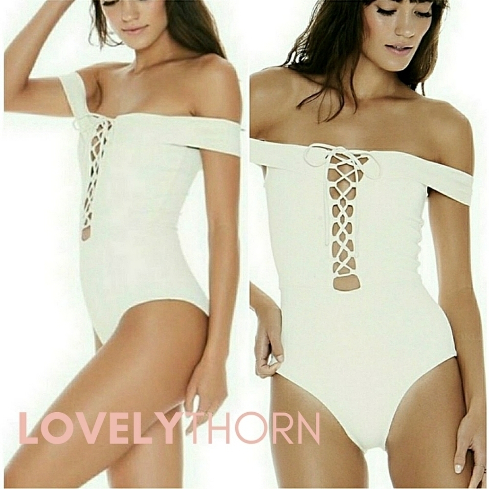 L⭐SPACE // ltd ed off the shoulder lace up front one piece swim or bodysuit